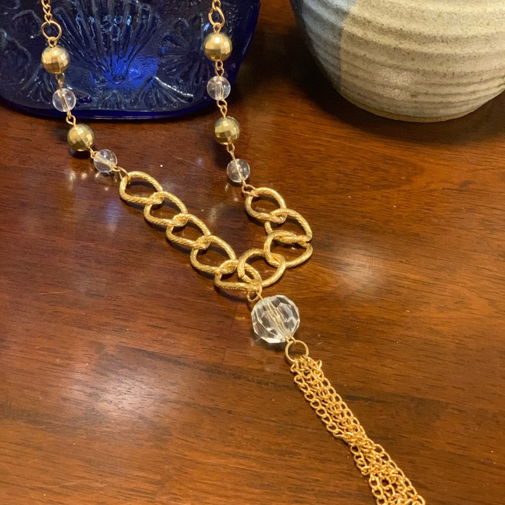 Gold tone beaded‎ linked tassel necklace 16”